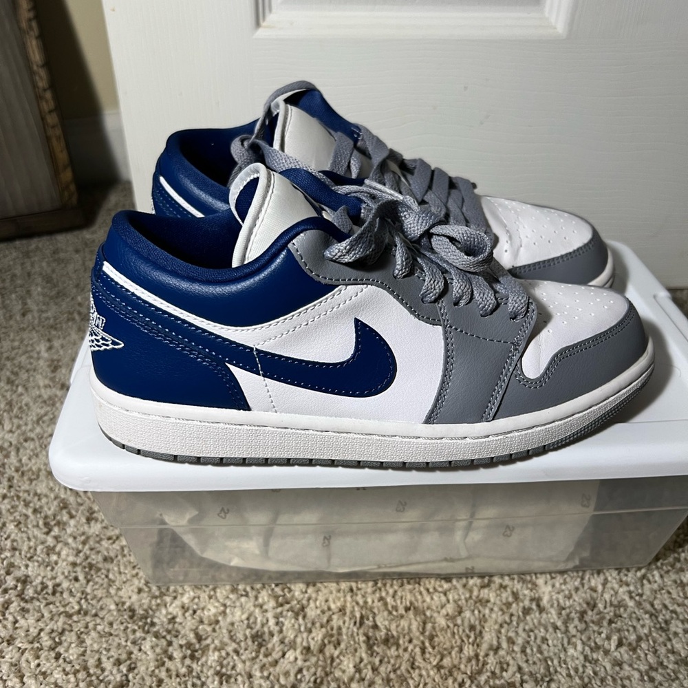 Blue and Gray Jordan 1s Low-Top Sneakers